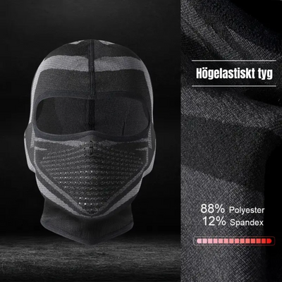 Termisk balaklava från Vinterexperten med svart och grå design. Vindtät och andningsbar ansiktsmask, idealisk för vinteraktiviteter som skidåkning, cykling och vandring i kalla förhållanden.