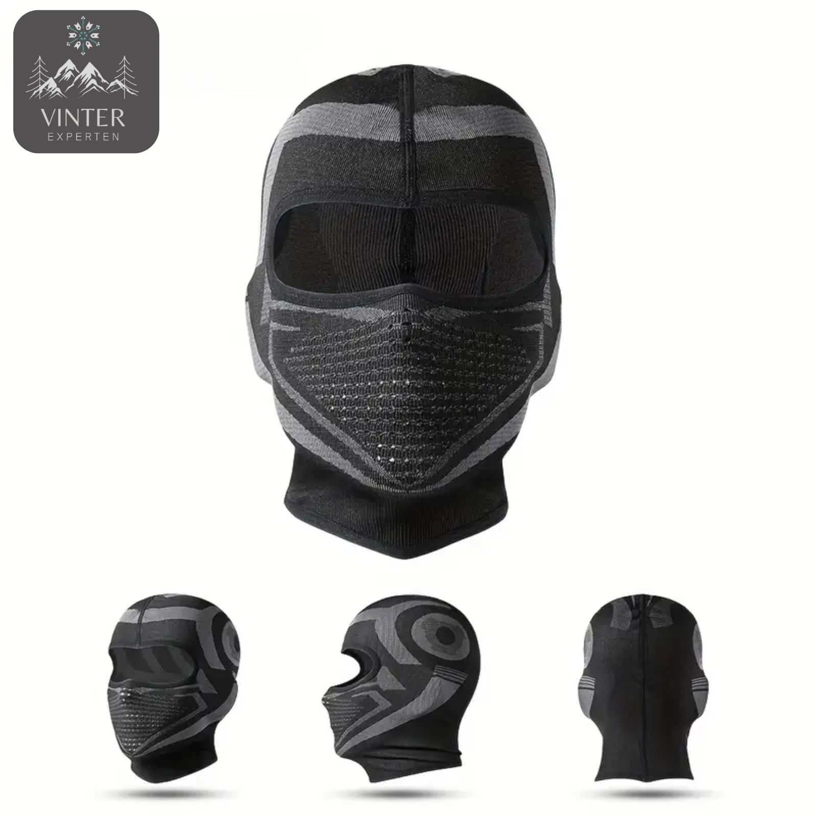 Termisk balaklava från Vinterexperten med svart och grå design. Vindtät och andningsbar ansiktsmask, idealisk för vinteraktiviteter som skidåkning, cykling och vandring i kalla förhållanden.