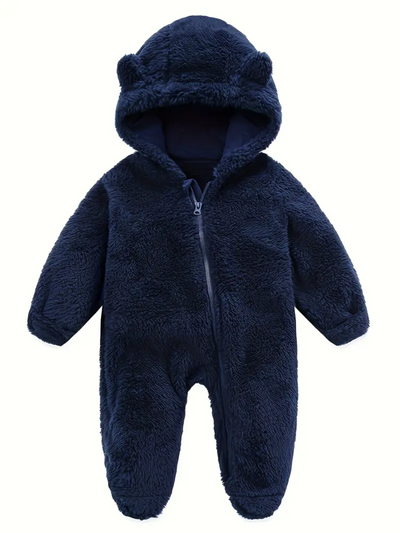 blå babyfleece jumpsuit med huva och björnöron framifrån – "Söt rosa babyfleece jumpsuit med mjuk huva och charmiga björnöron. Perfekt för att hålla bebisen varm och bekväm under vintern.