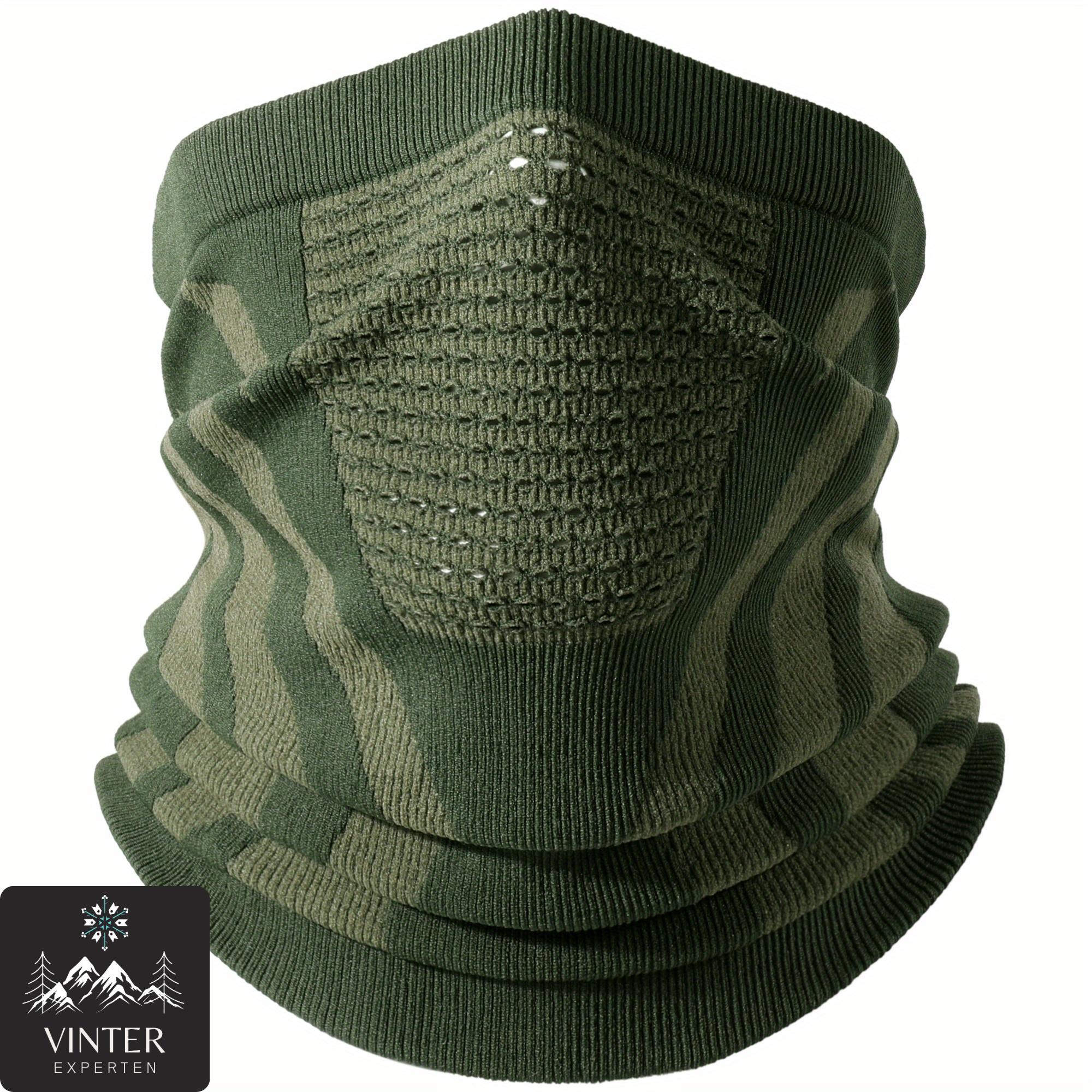 Grön vinter halsduk från Vinterexperten, designad med ventilerande material och ergonomisk passform för värme och komfort under kalla dagar.