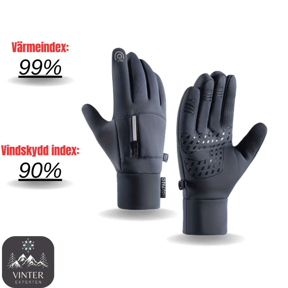 Gråa vinterhandskar från Vinterexperten med värmeindex på 99% och vindskydd på 90%. Designade för maximal värme, komfort och grepp under kalla och blåsiga förhållanden.