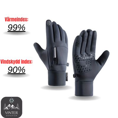 Gråa vinterhandskar från Vinterexperten med värmeindex på 99% och vindskydd på 90%. Designade för maximal värme, komfort och grepp under kalla och blåsiga förhållanden.